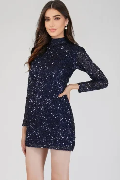 Athena Long Sleeve Sequin Mini Dress In Dark Blue
