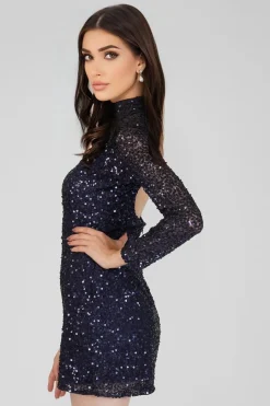 Athena Long Sleeve Sequin Mini Dress In Dark Blue