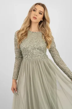 Belle Sage Green Long Sleeve Bridesmaid Dress
