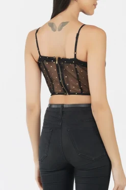 Eliza Gold Printed Corset Mesh Bralet Top In Black