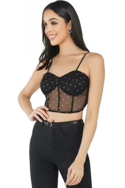 Eliza Gold Printed Corset Mesh Bralet Top In Black