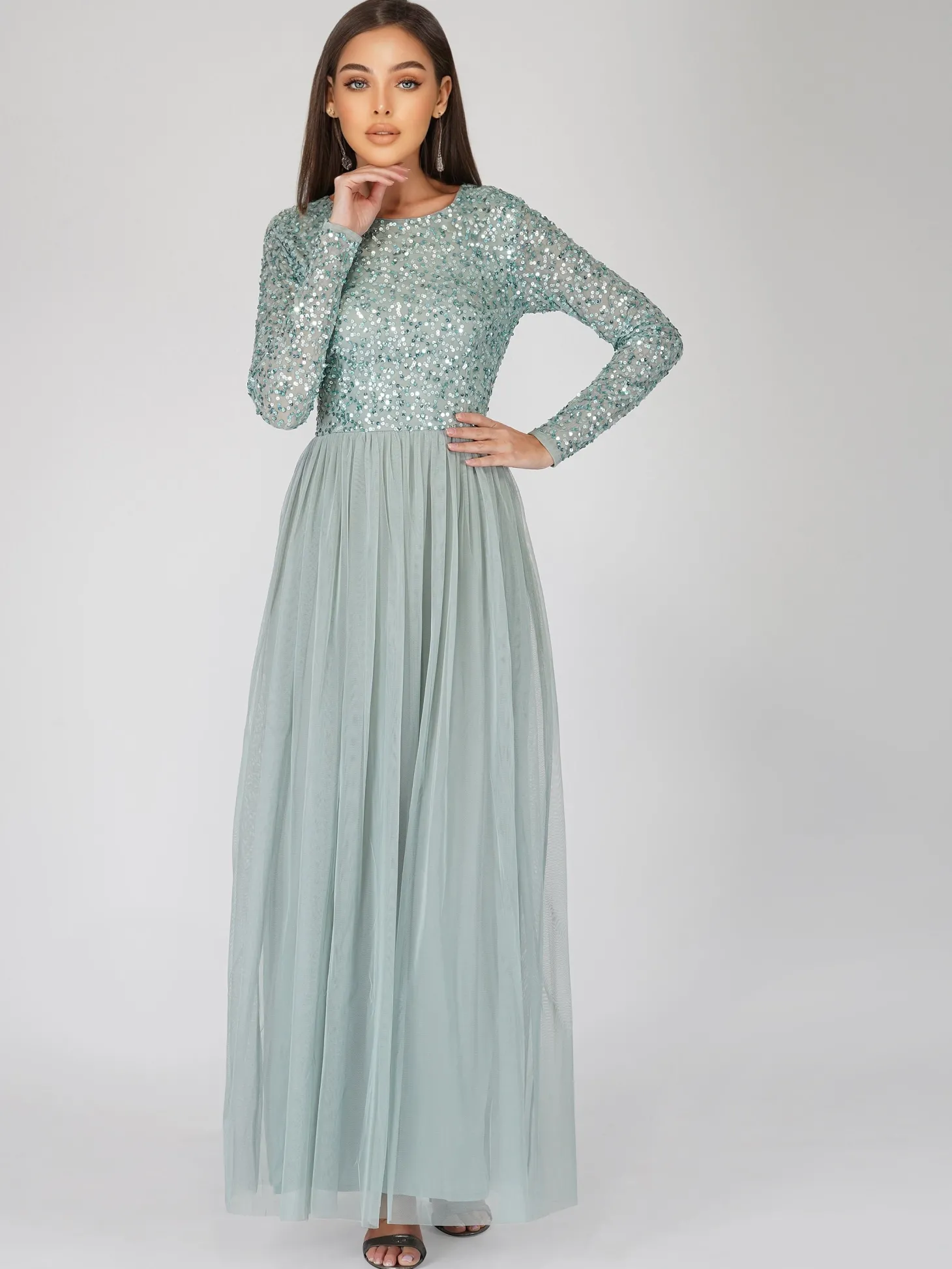 Elle Long Sleeve Sage Green Bridesmaid Maxi Dress