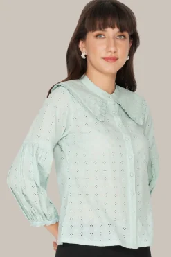 Jerri Cotton Broderie Shirt In Pastel Green