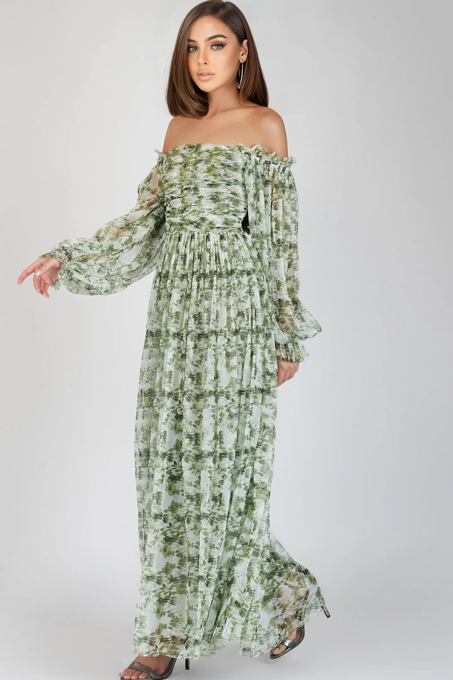 Lana Green Floral Printed Tulle Dress