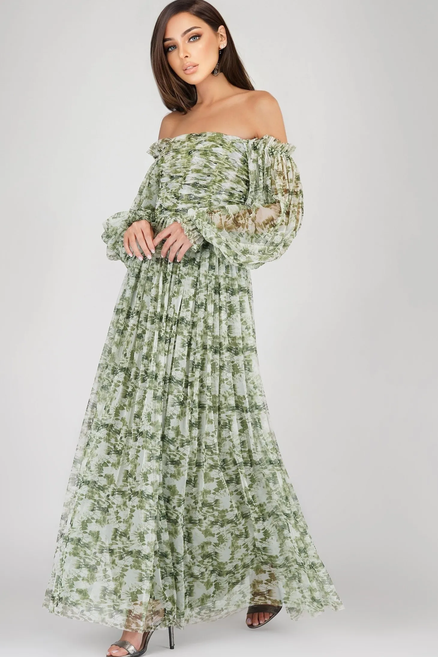Lana Green Floral Printed Tulle Dress