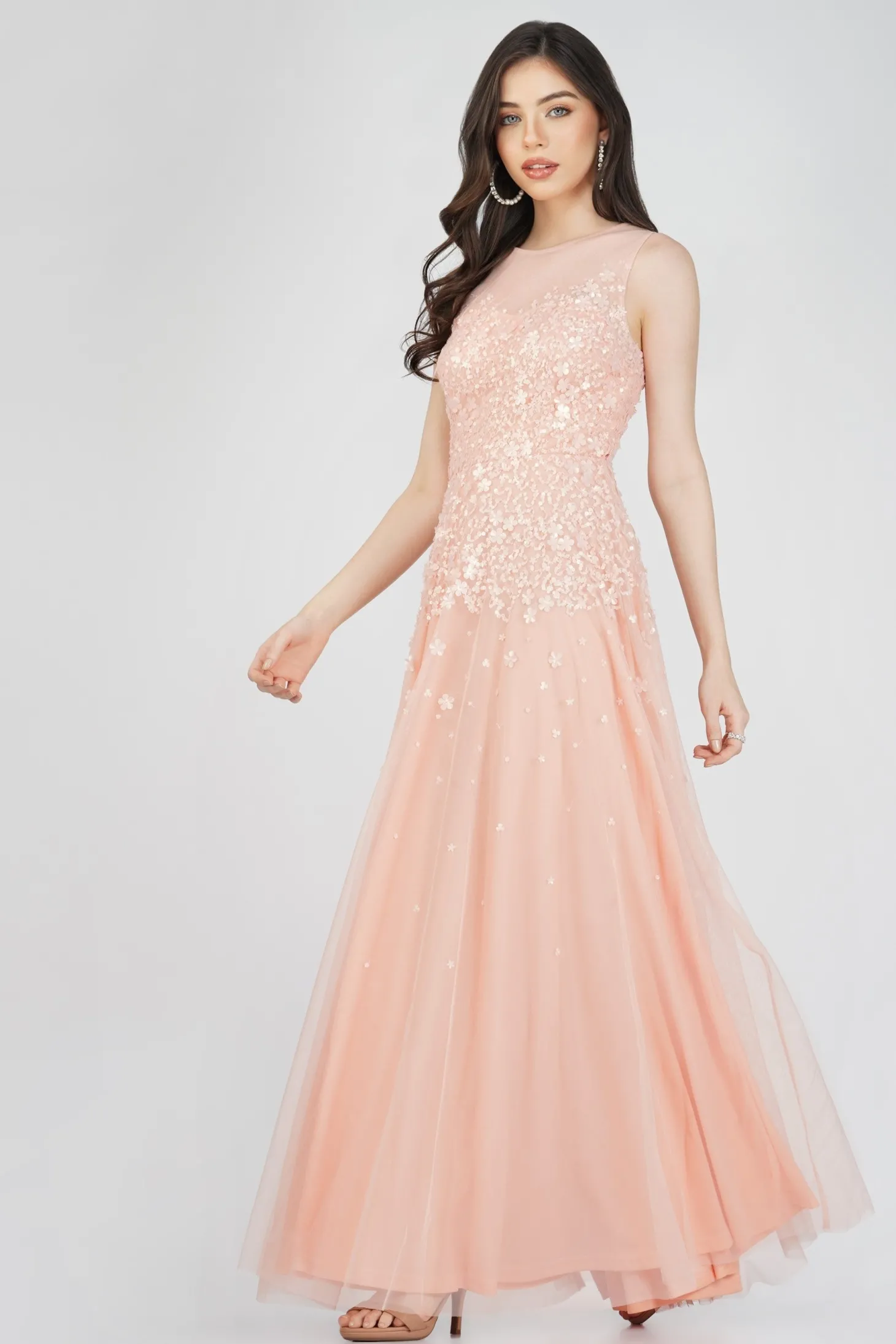 Lilith Floral Embellished Maxi Dress In Blush Pink