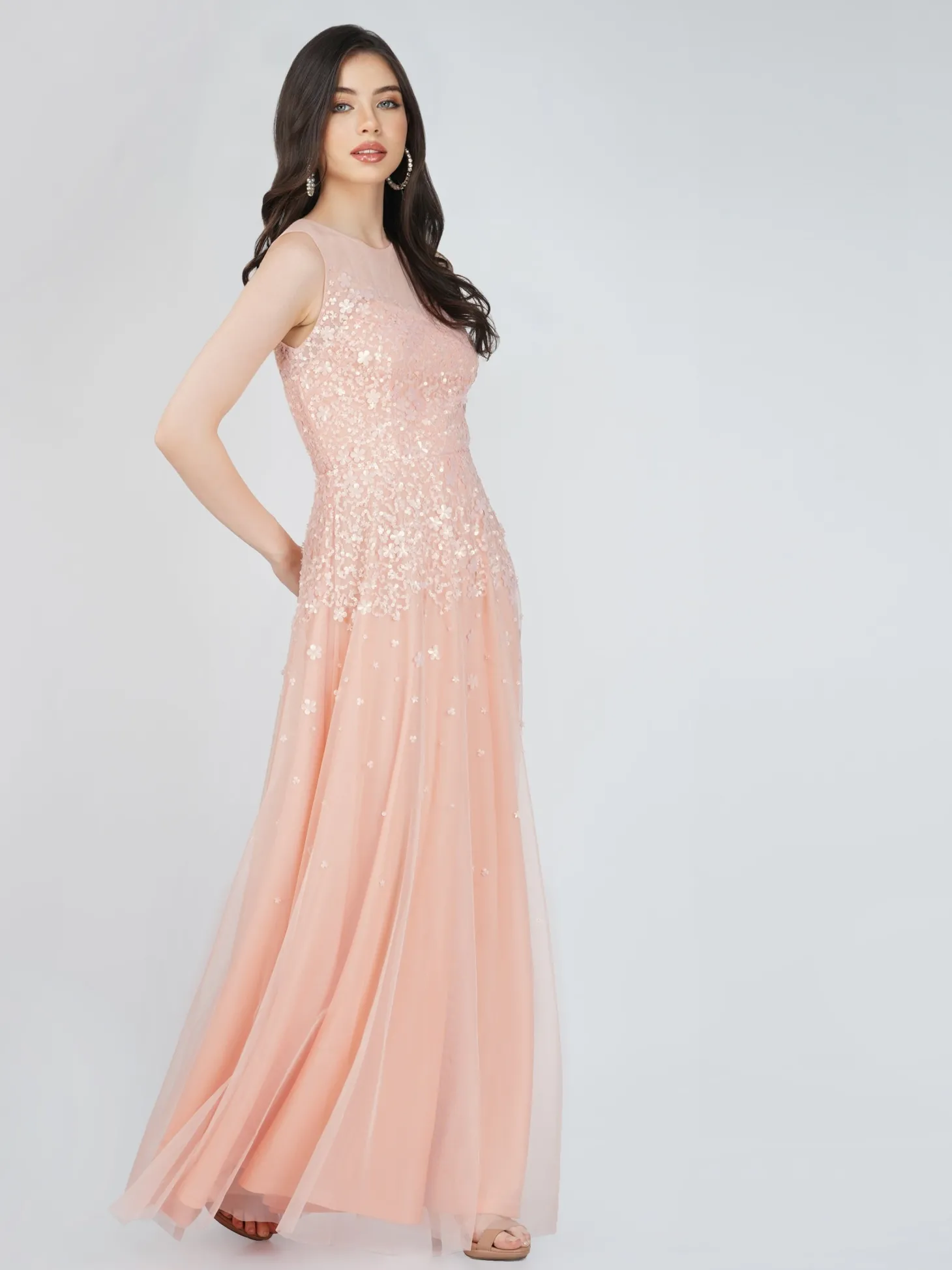 Lilith Floral Embellished Maxi Dress In Blush Pink