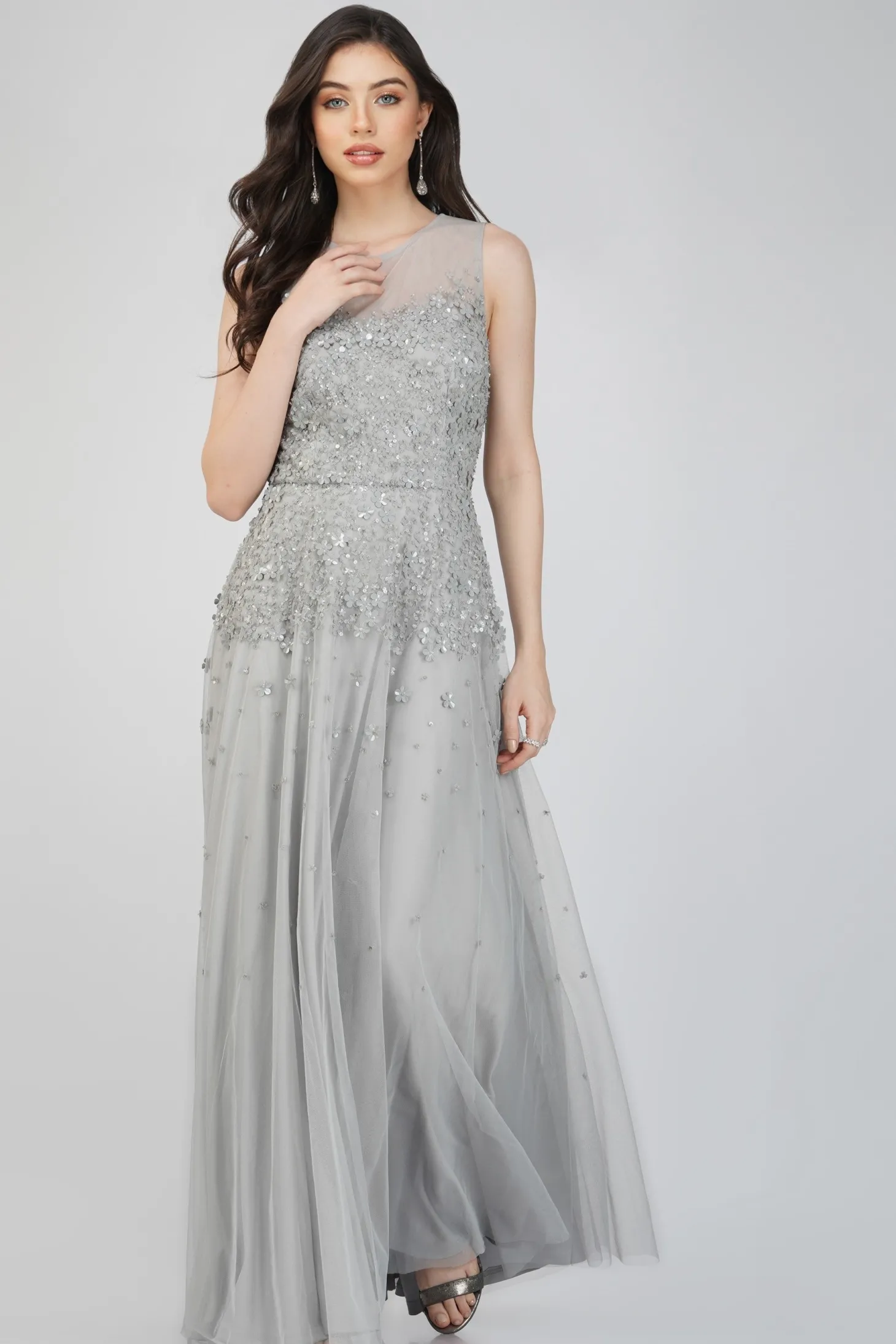 Lilith Floral Embellished Maxi Dress In Grey