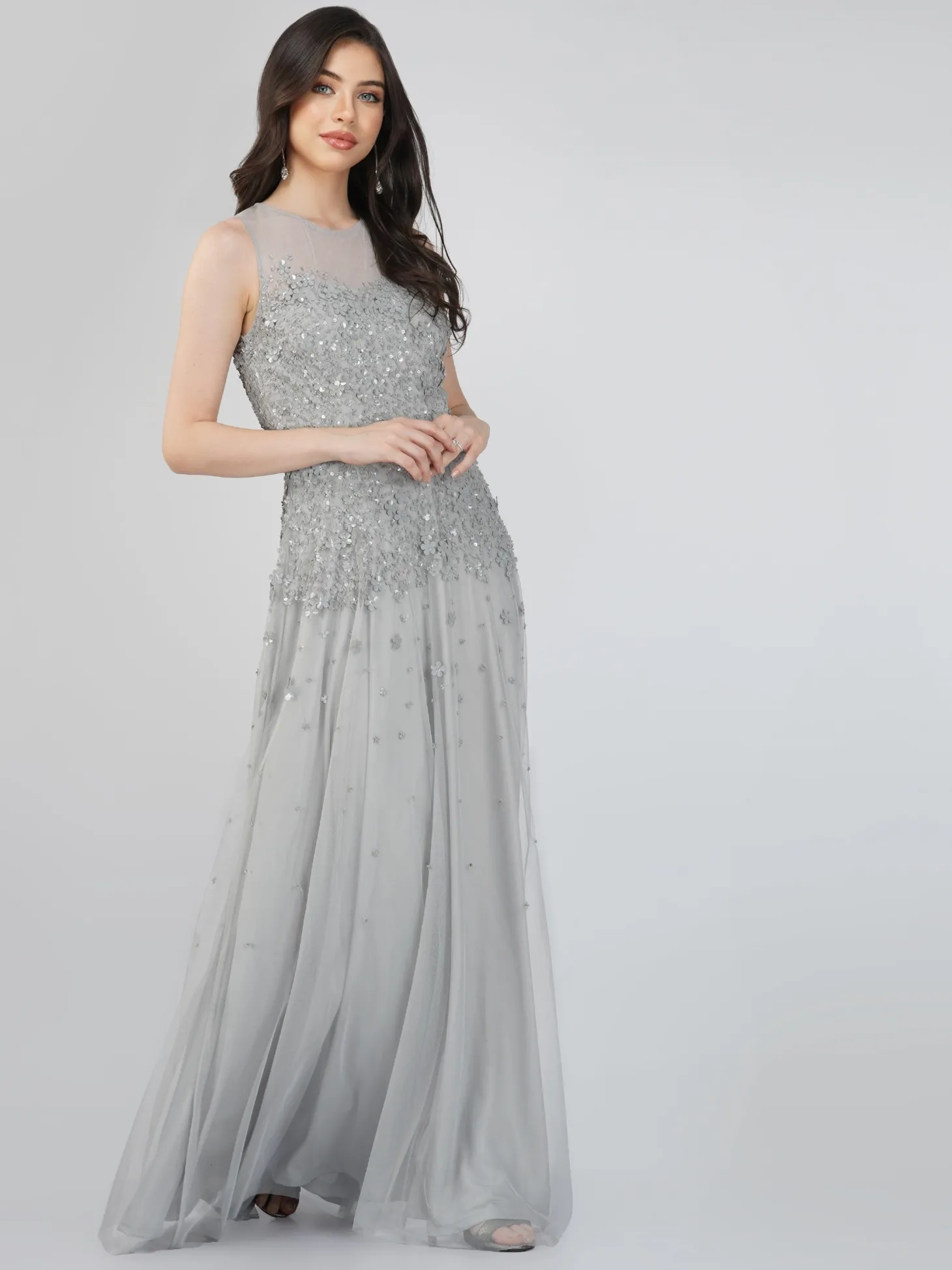 Lilith Floral Embellished Maxi Dress In Grey