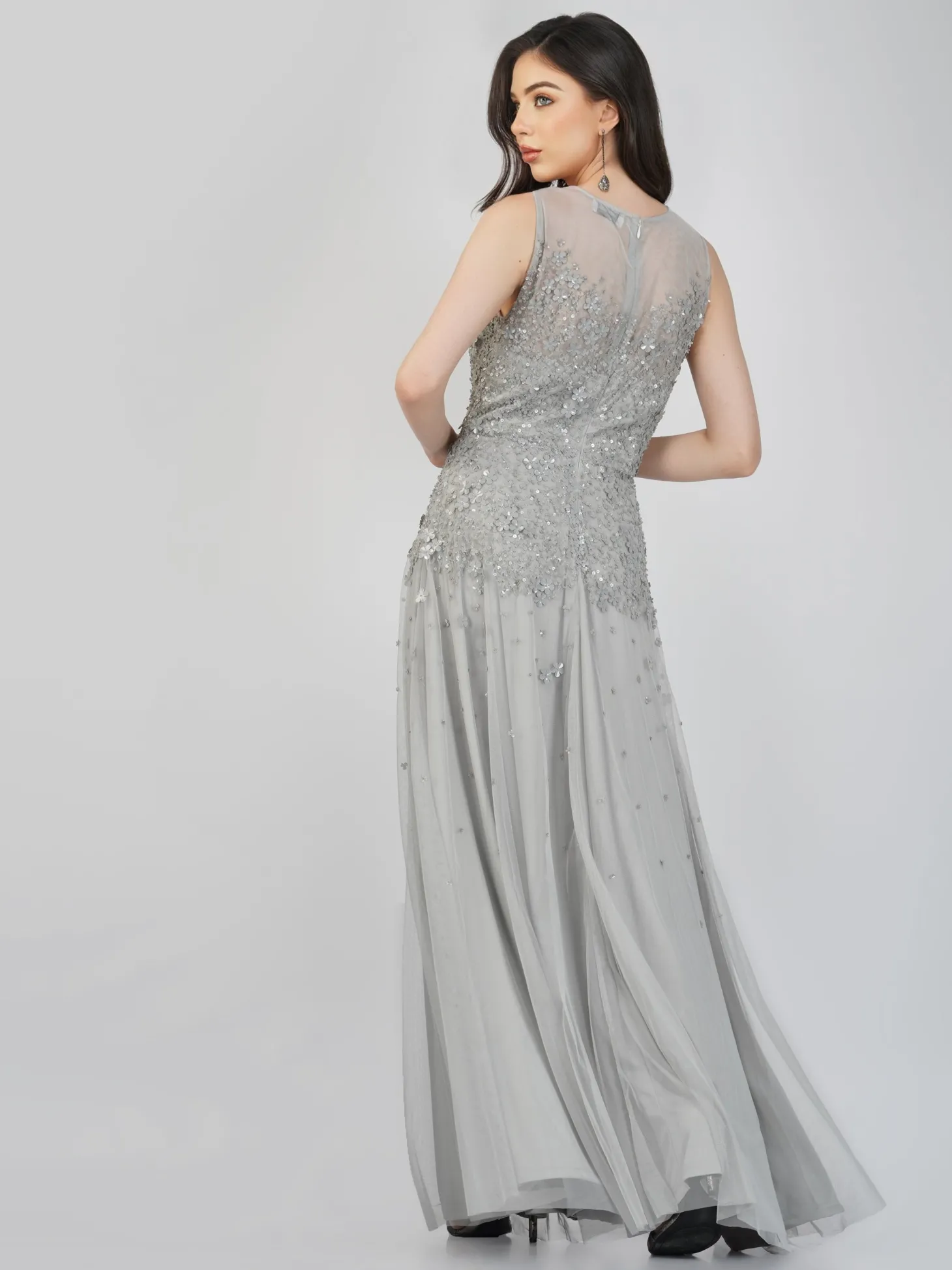 Lilith Floral Embellished Maxi Dress In Grey