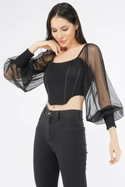 Luca Black Long Sleeve Corset Top