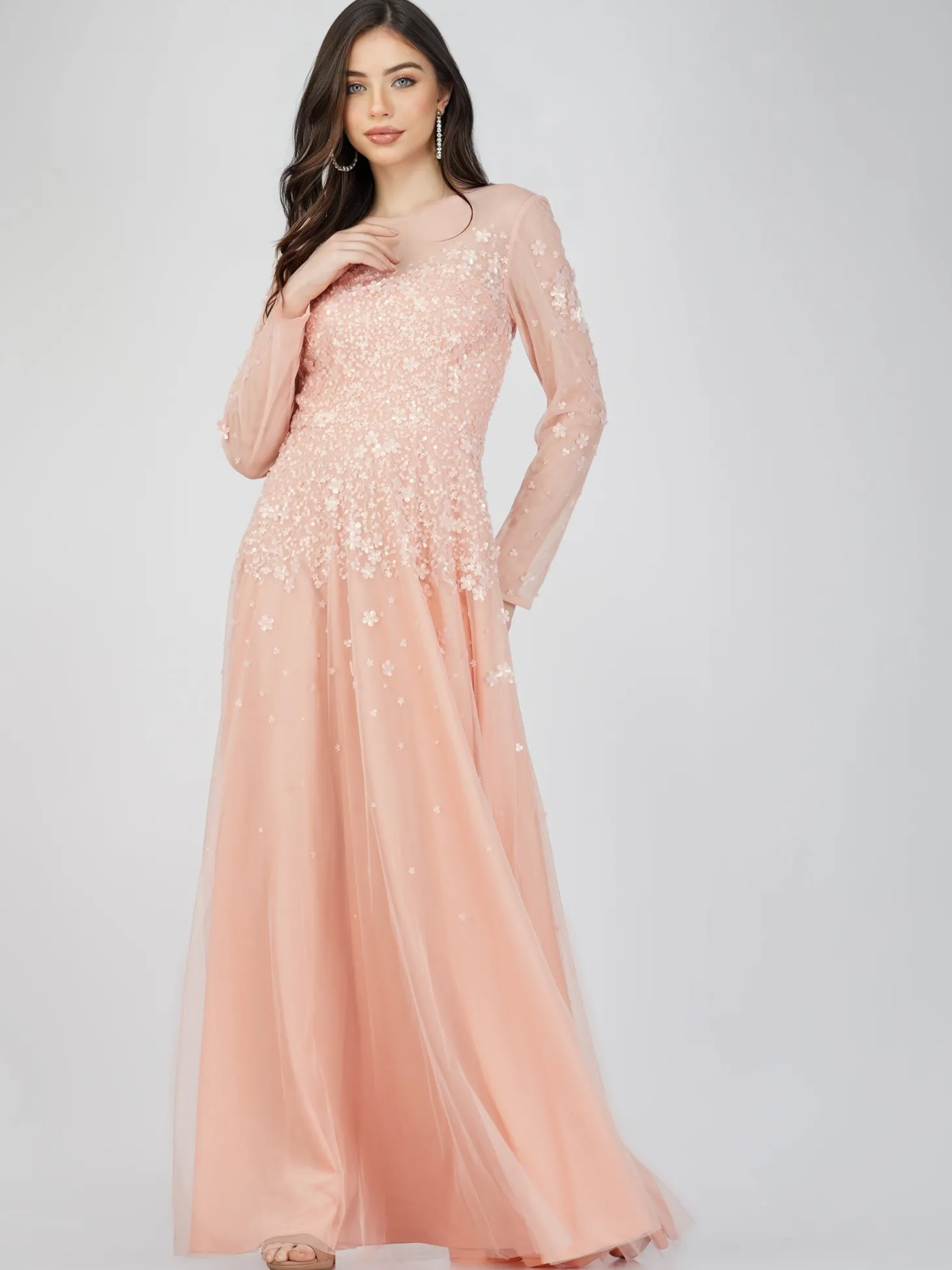 Luciene Long Sleeve Embellished Maxi Dress In Blush Pink
