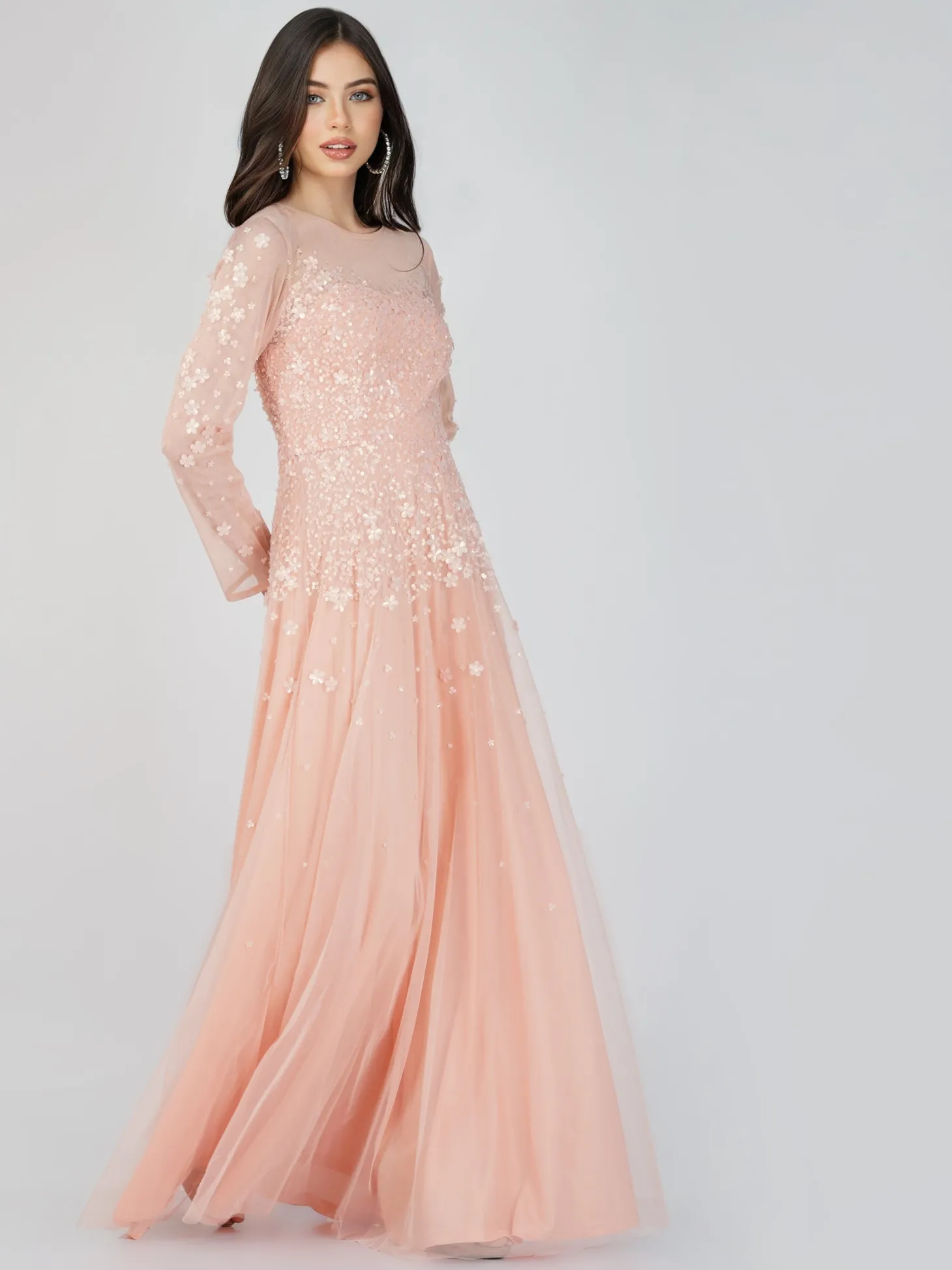 Luciene Long Sleeve Embellished Maxi Dress In Blush Pink