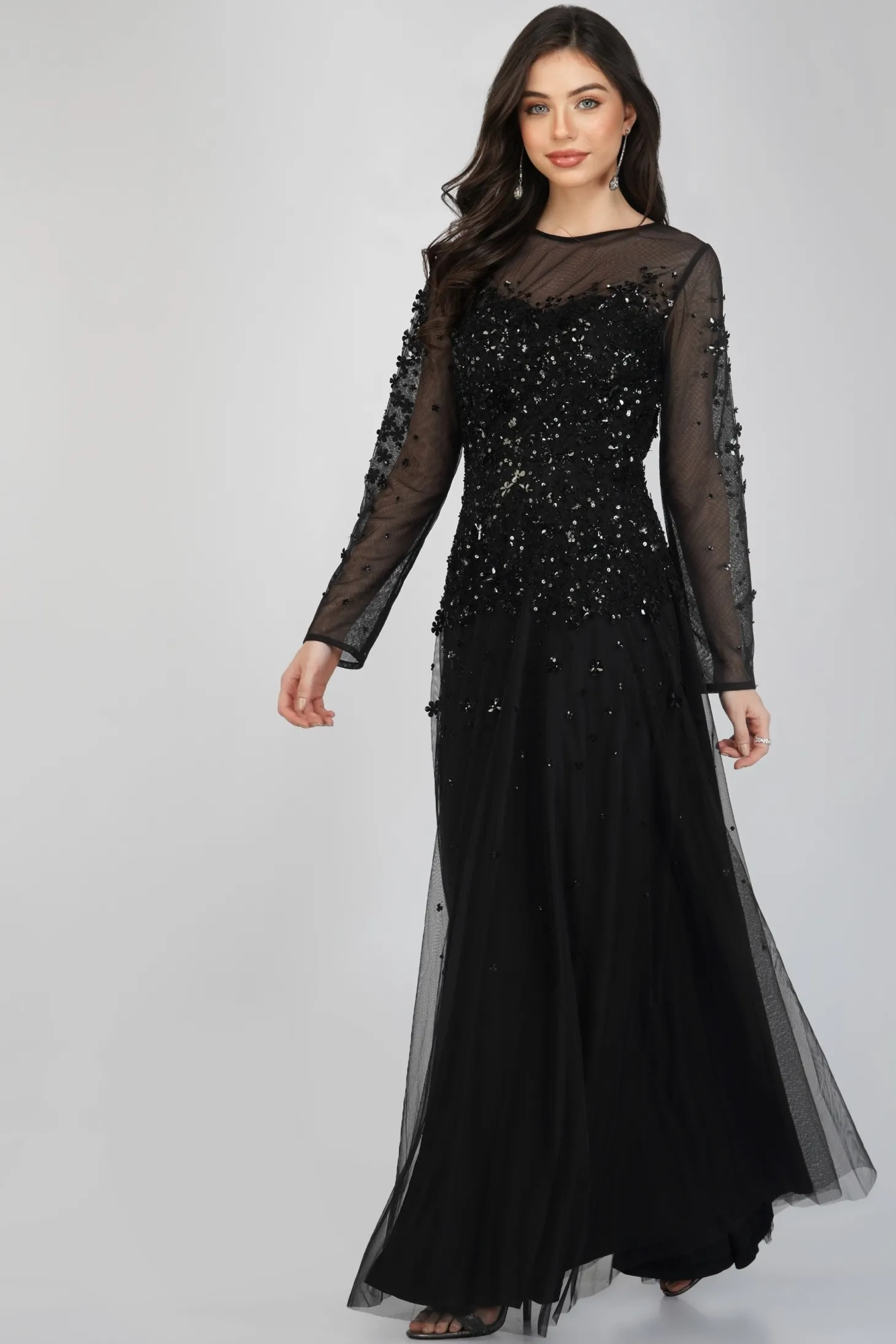 Luciene Long Sleeve Embellished Maxi Dress In Black