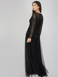 Luciene Long Sleeve Embellished Maxi Dress In Black