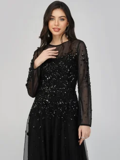 Luciene Long Sleeve Embellished Maxi Dress In Black