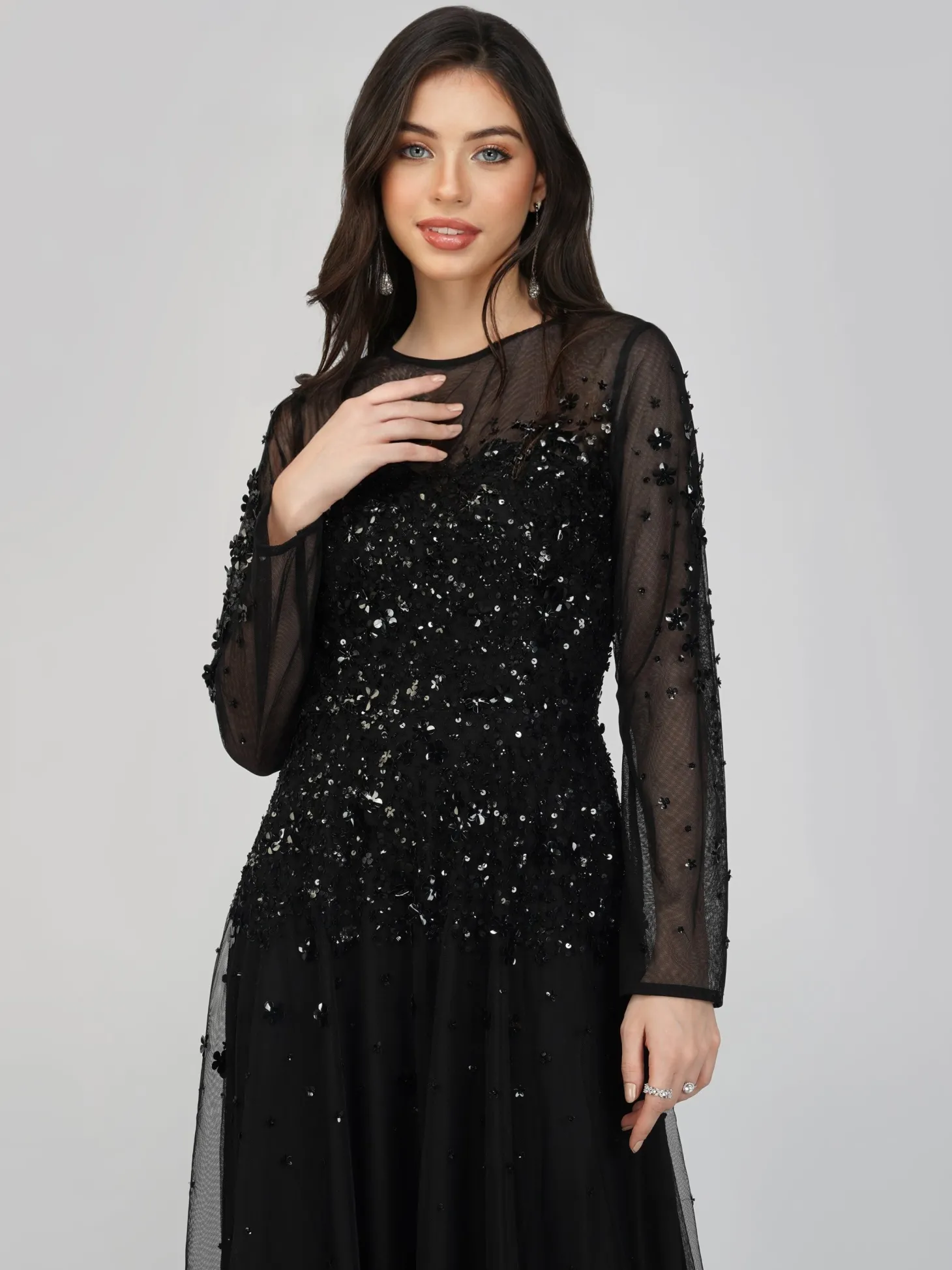 Luciene Long Sleeve Embellished Maxi Dress In Black