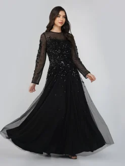 Luciene Long Sleeve Embellished Maxi Dress In Black