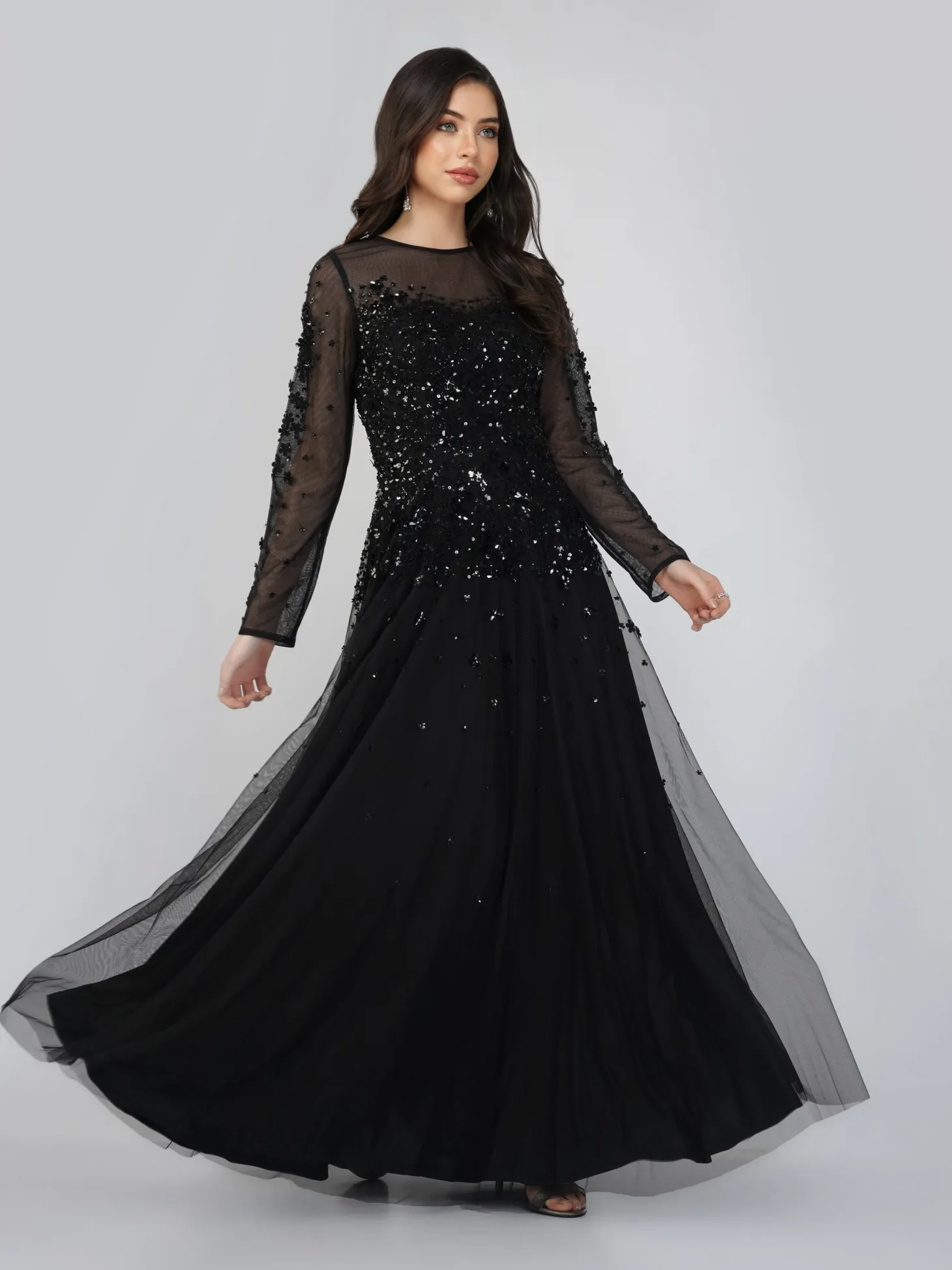 Luciene Long Sleeve Embellished Maxi Dress In Black