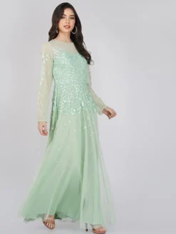 Luciene Long Sleeve Embellished Maxi Dress In Mint