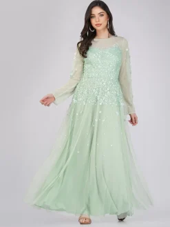 Luciene Long Sleeve Embellished Maxi Dress In Mint