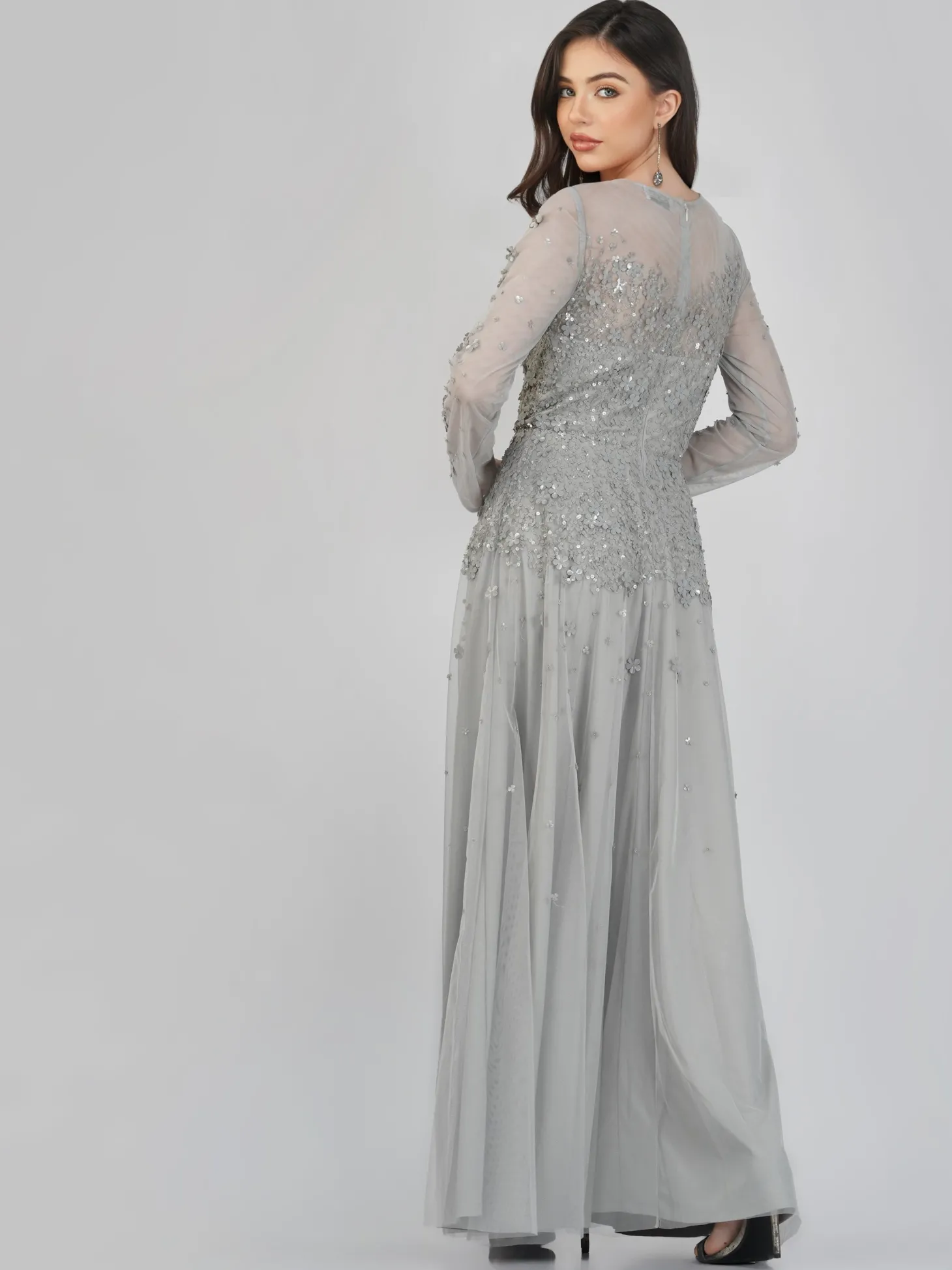 Luciene Long Sleeve Embellished Maxi Dress In Grey
