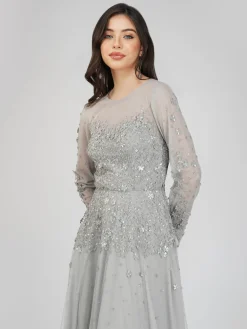 Luciene Long Sleeve Embellished Maxi Dress In Grey