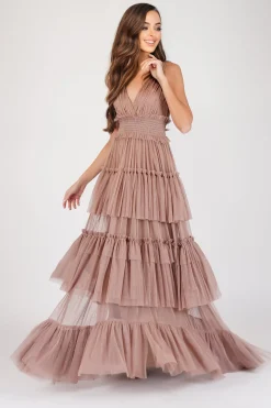 Luna Mink Tulle Plunge Maxi Dress