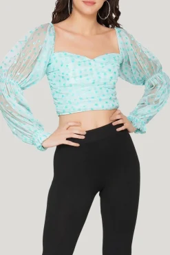 Lyla Tulle Top In Mint Heart Print