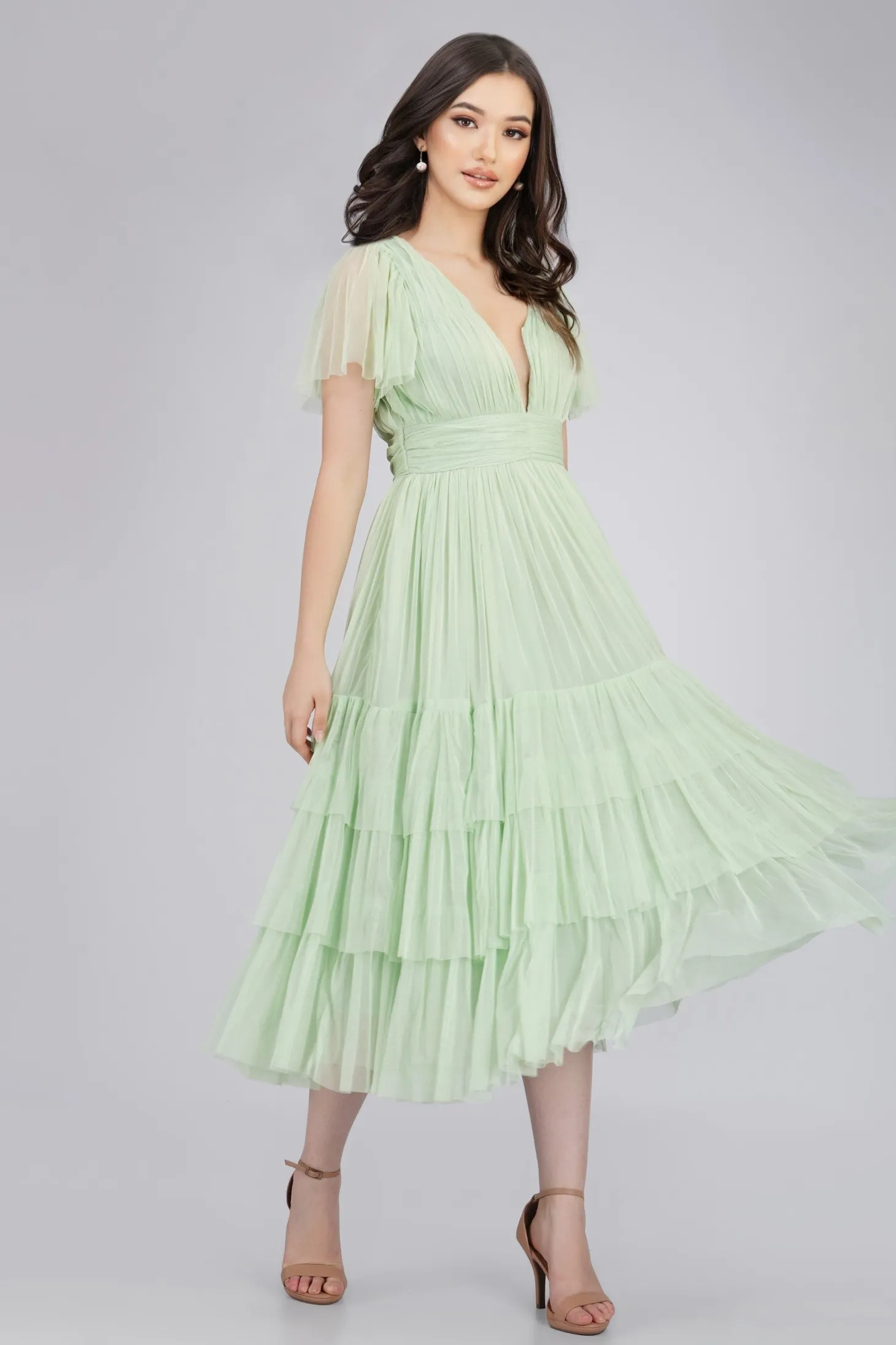 Madison Sage Green Tulle Bridesmaid Midi Dress