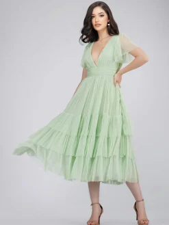 Madison Sage Green Tulle Bridesmaid Midi Dress