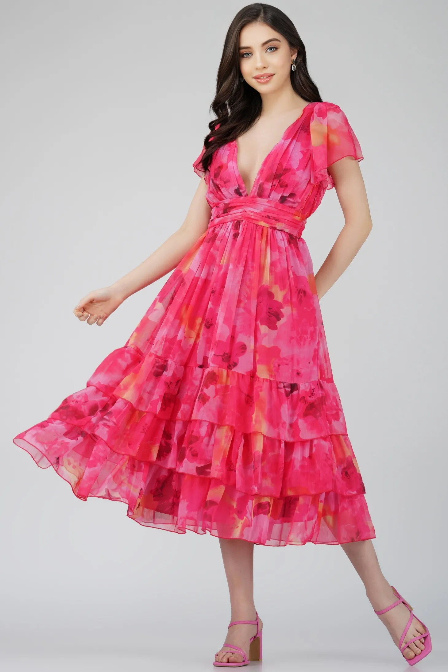 Madison Sunset Pink Chiffon Midi Dress