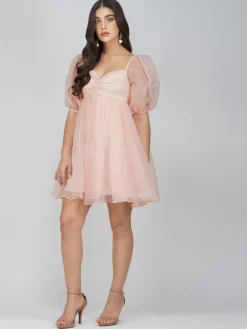 Melanie Pink Puff Sleeve Dress