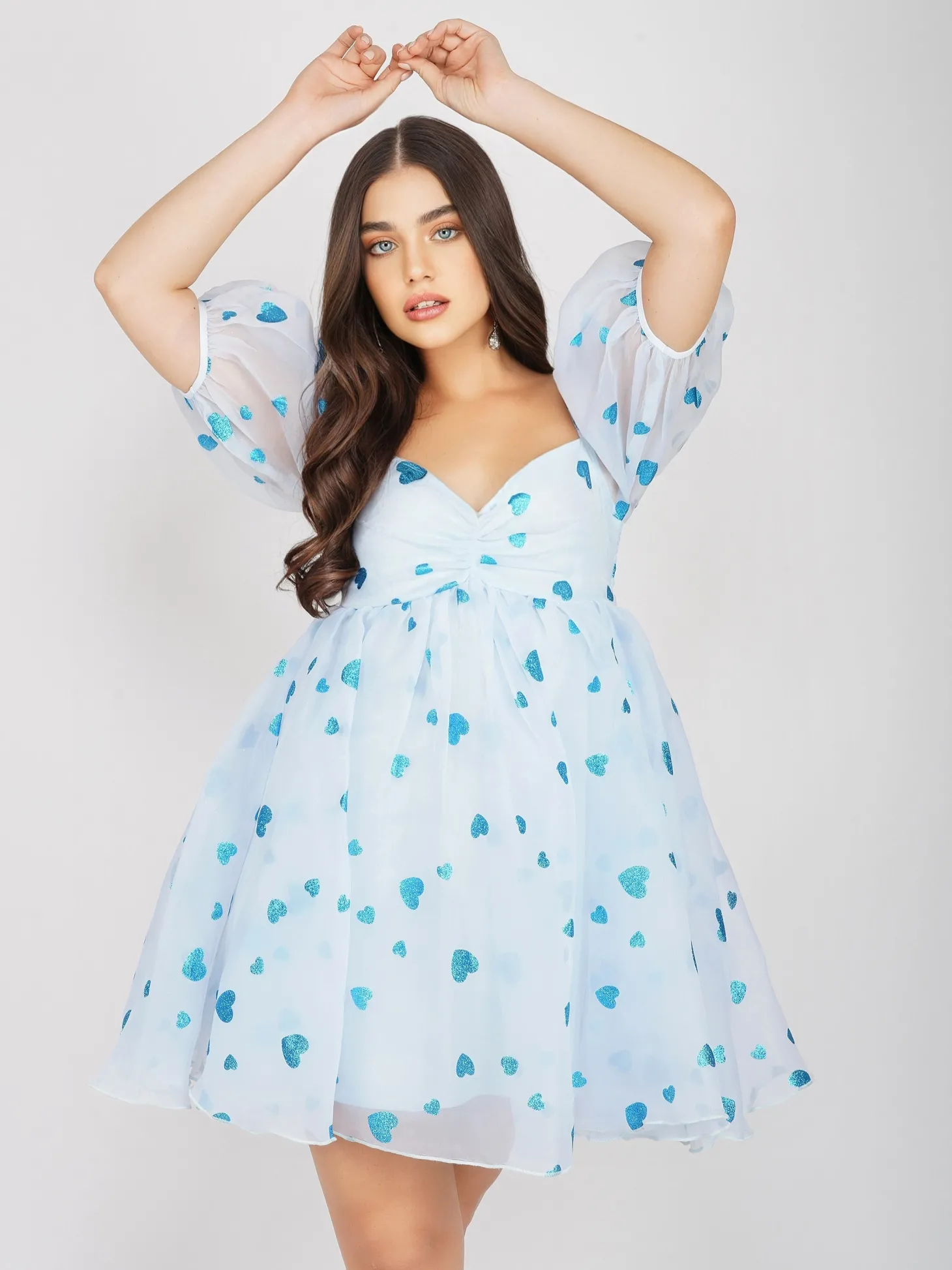 Melanie Puff Sleeve Dress In Blue Heart