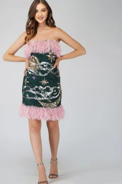 Midnight Sequin Feather Mini Dress In Emerald Green