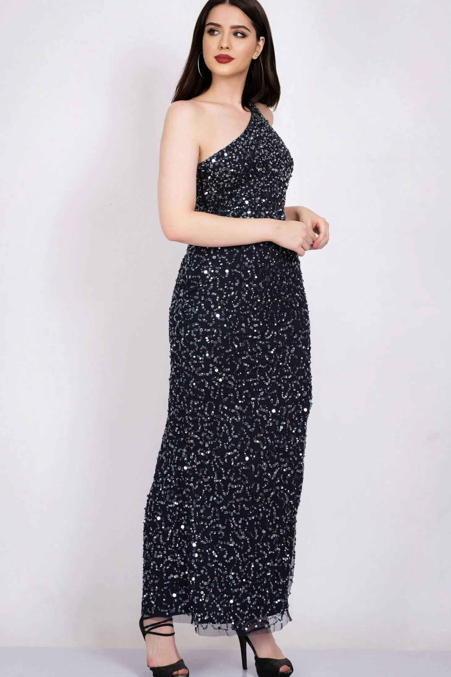 Naeve One Shoulder Sequin Dress In Navy Blue