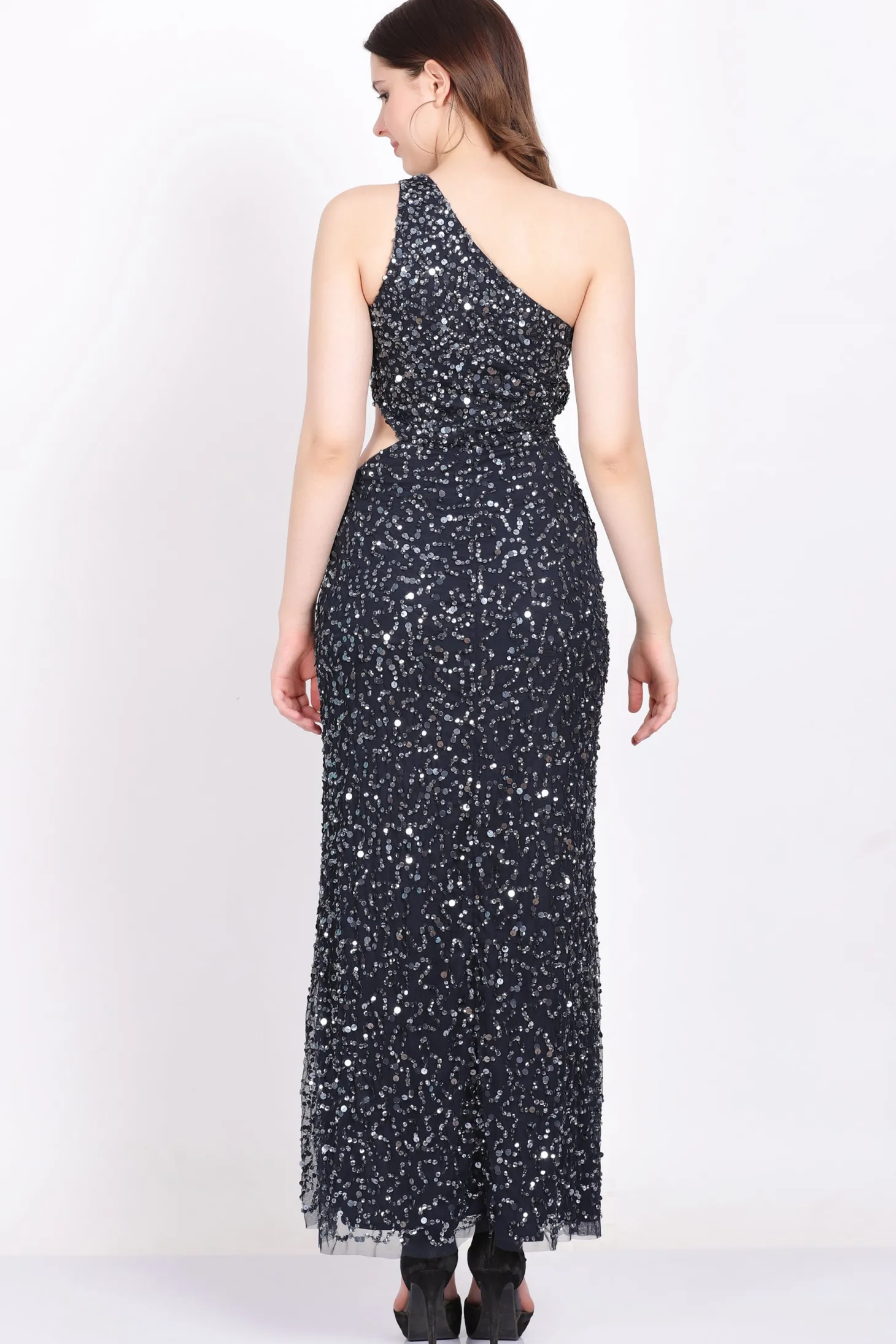 Naeve One Shoulder Sequin Dress In Navy Blue