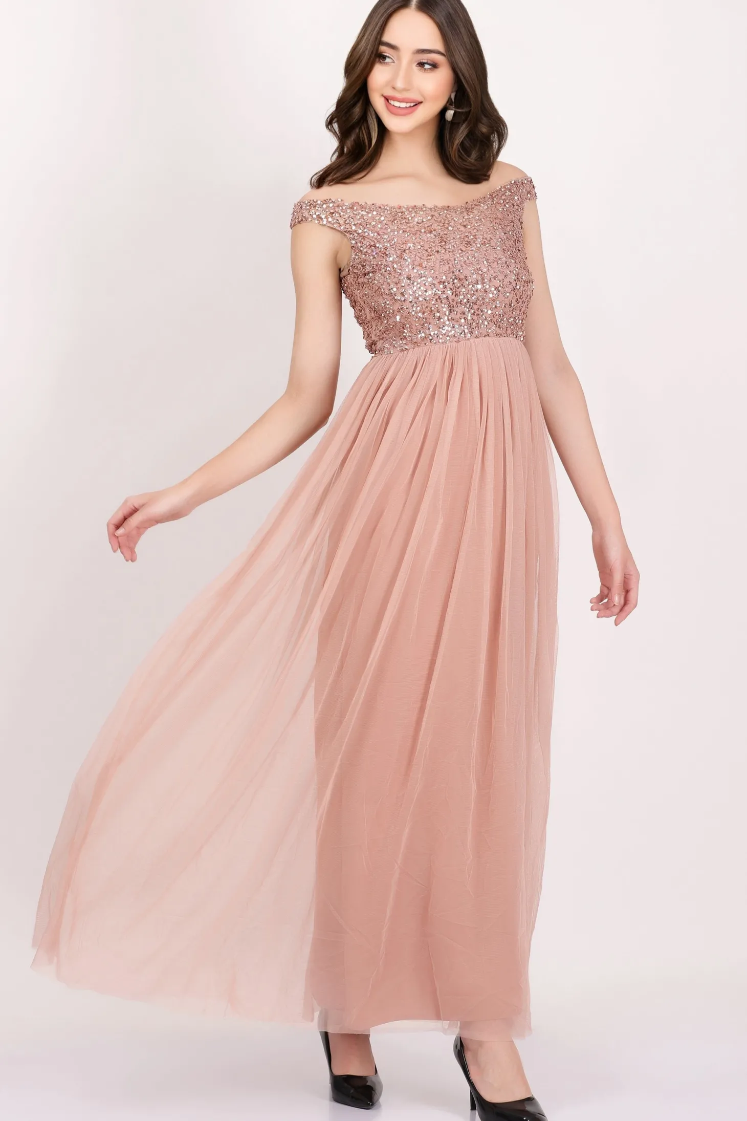 Nina Taupe Embellished Bridesmaid Maxi Dress