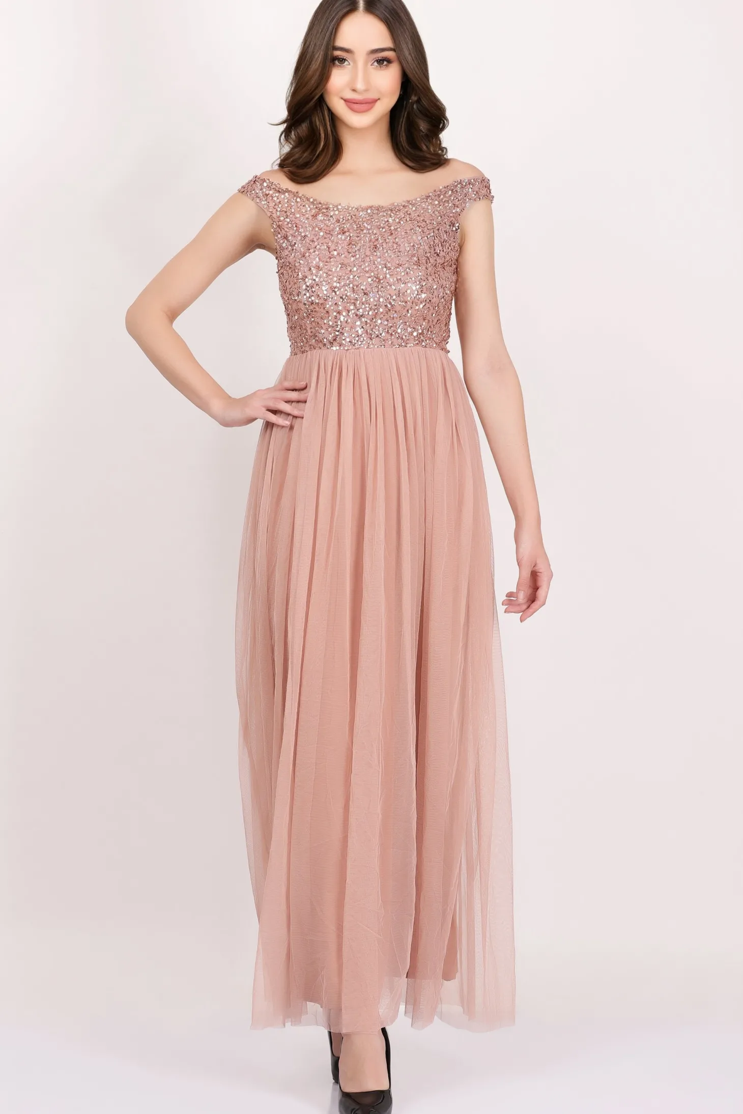 Nina Taupe Embellished Bridesmaid Maxi Dress