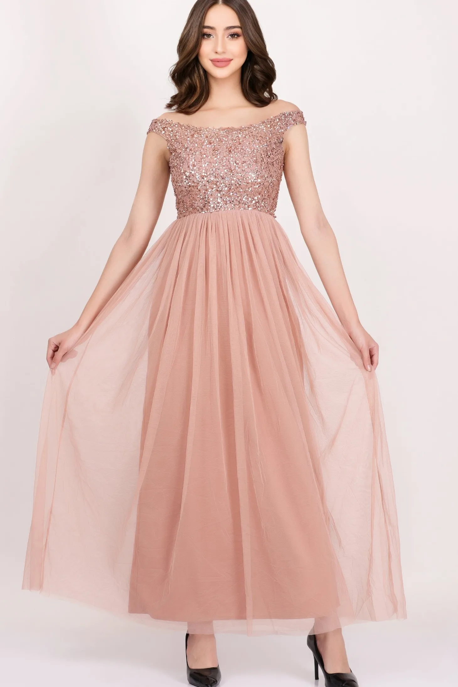 Nina Taupe Embellished Bridesmaid Maxi Dress