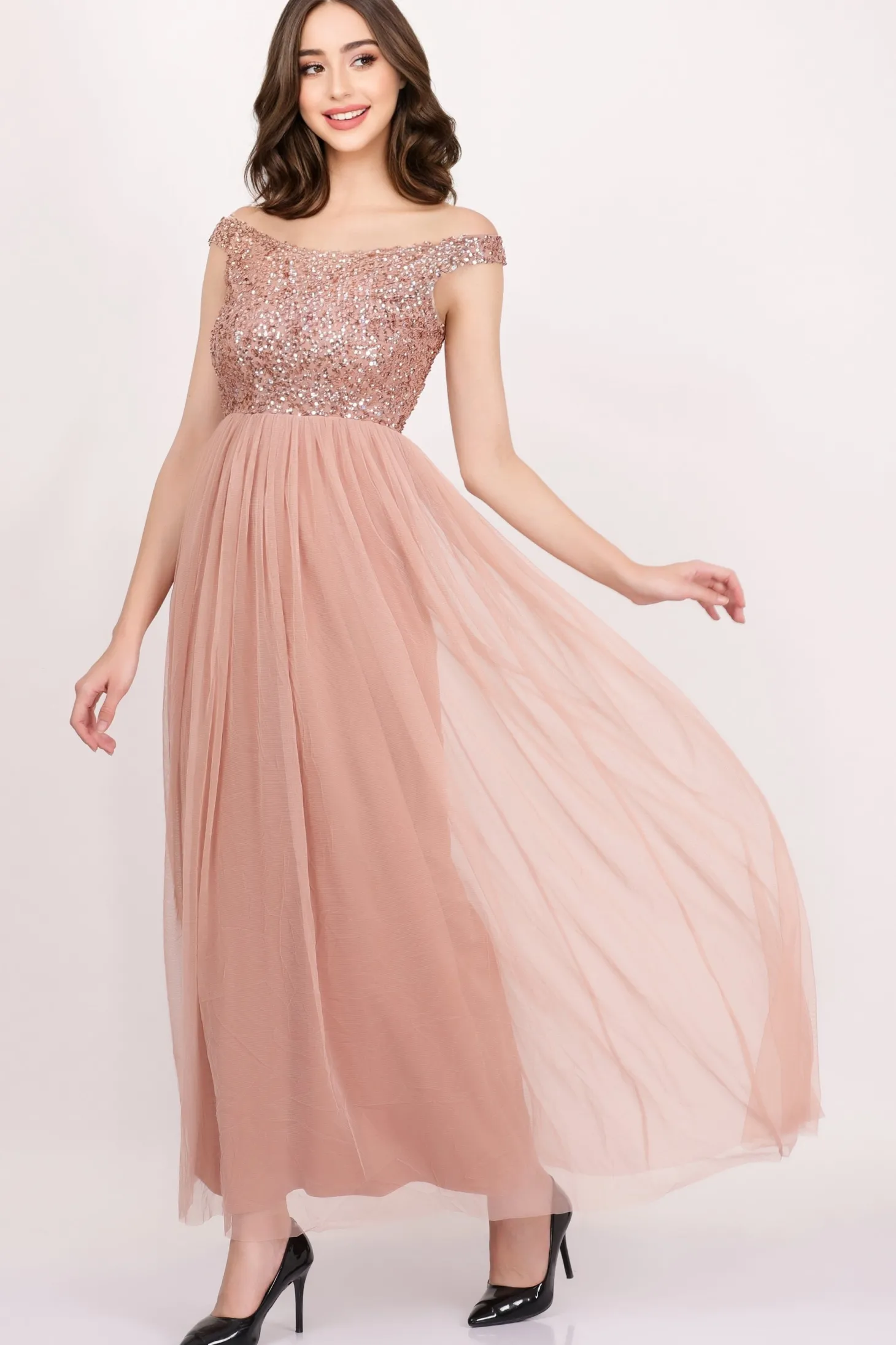 Nina Taupe Embellished Bridesmaid Maxi Dress