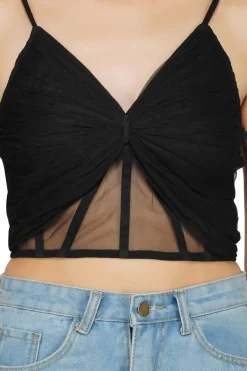 Olivia Bow Mesh Top In Black
