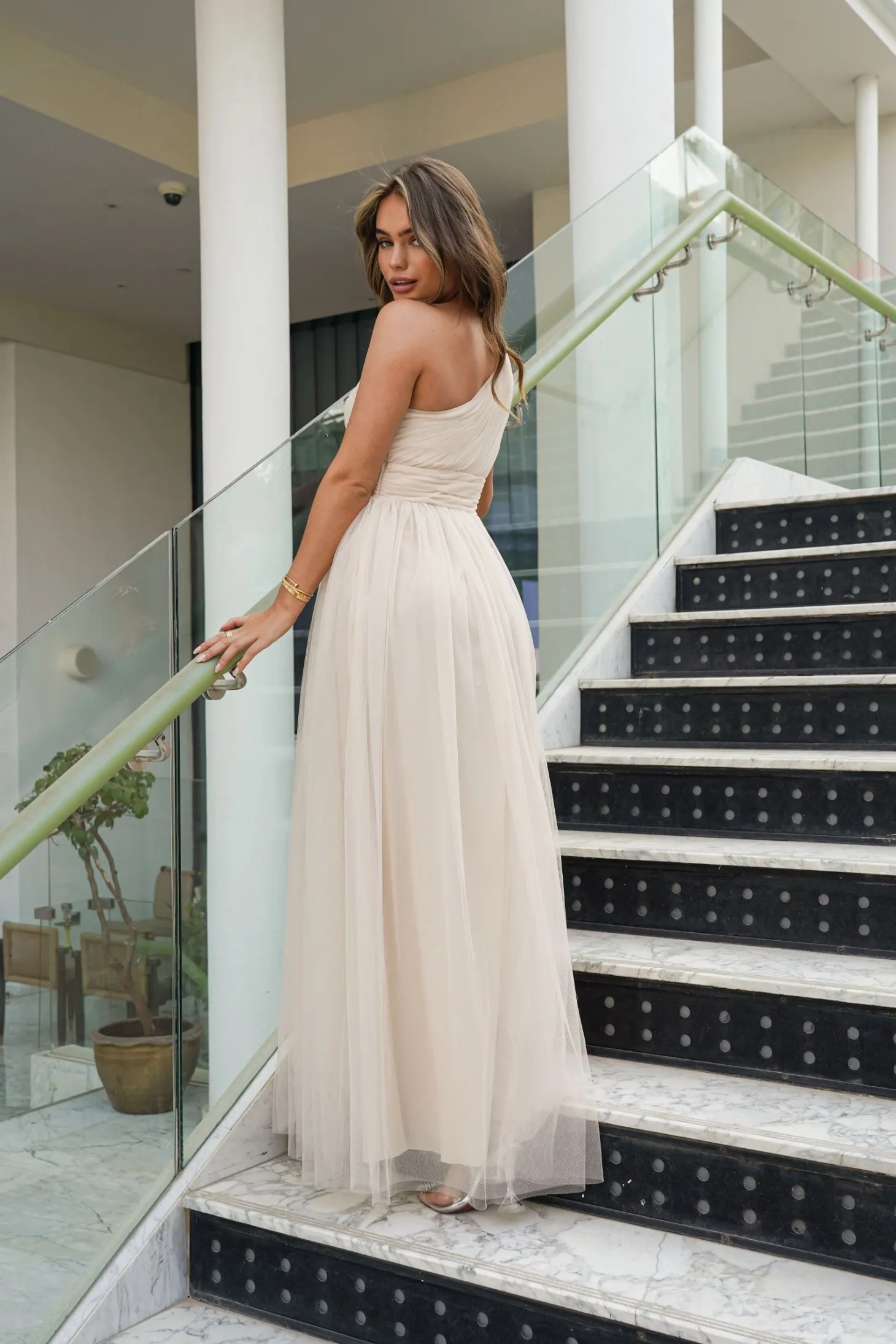 One Shoulder Mesh Maxi Dress