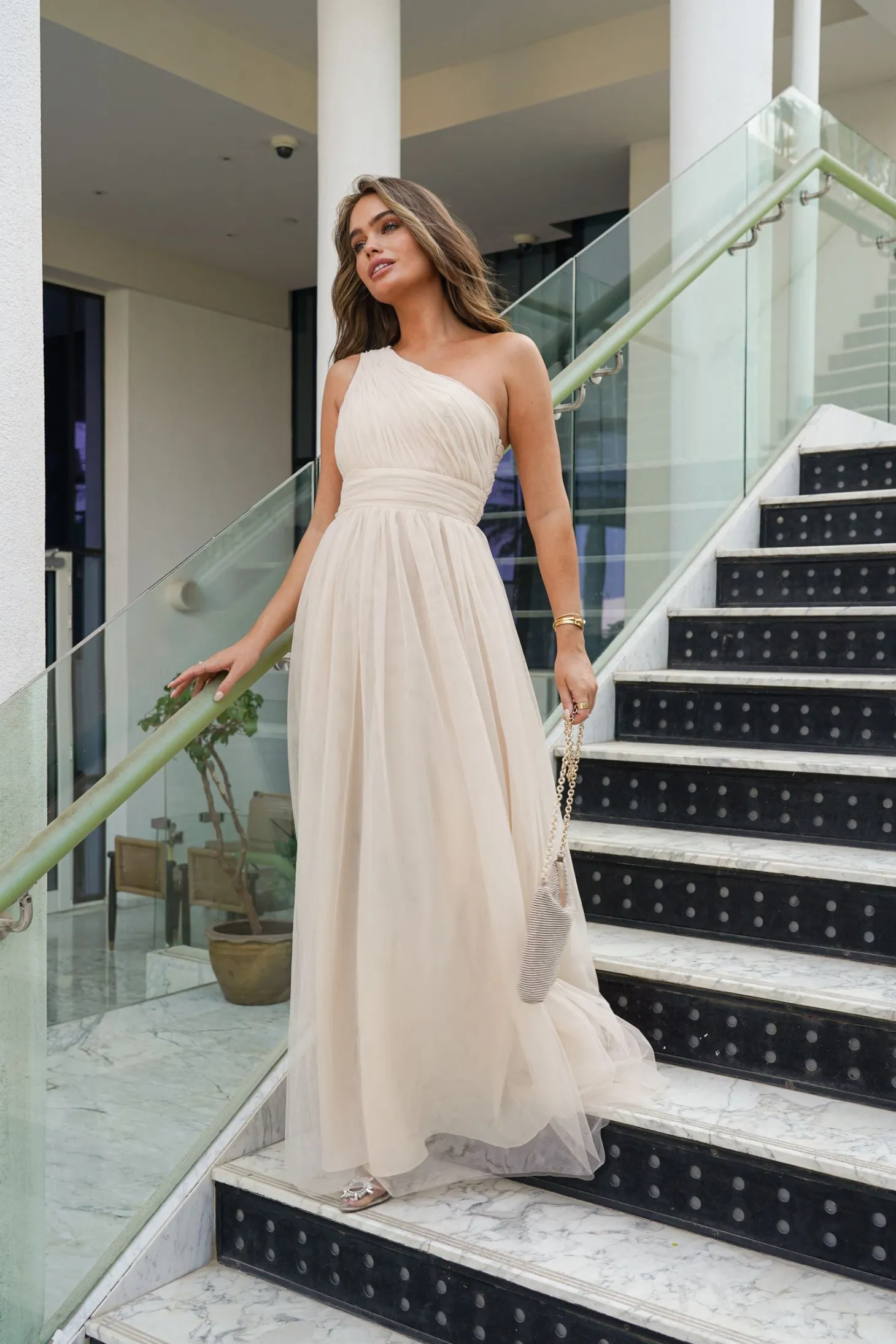 One Shoulder Mesh Maxi Dress