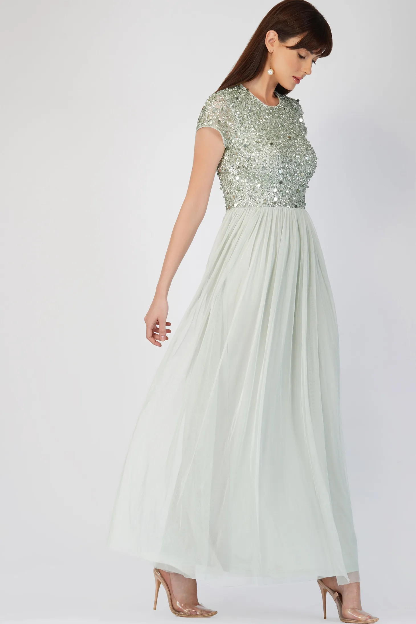 Picasso Short Sleeve Sage Green Embellished Dress