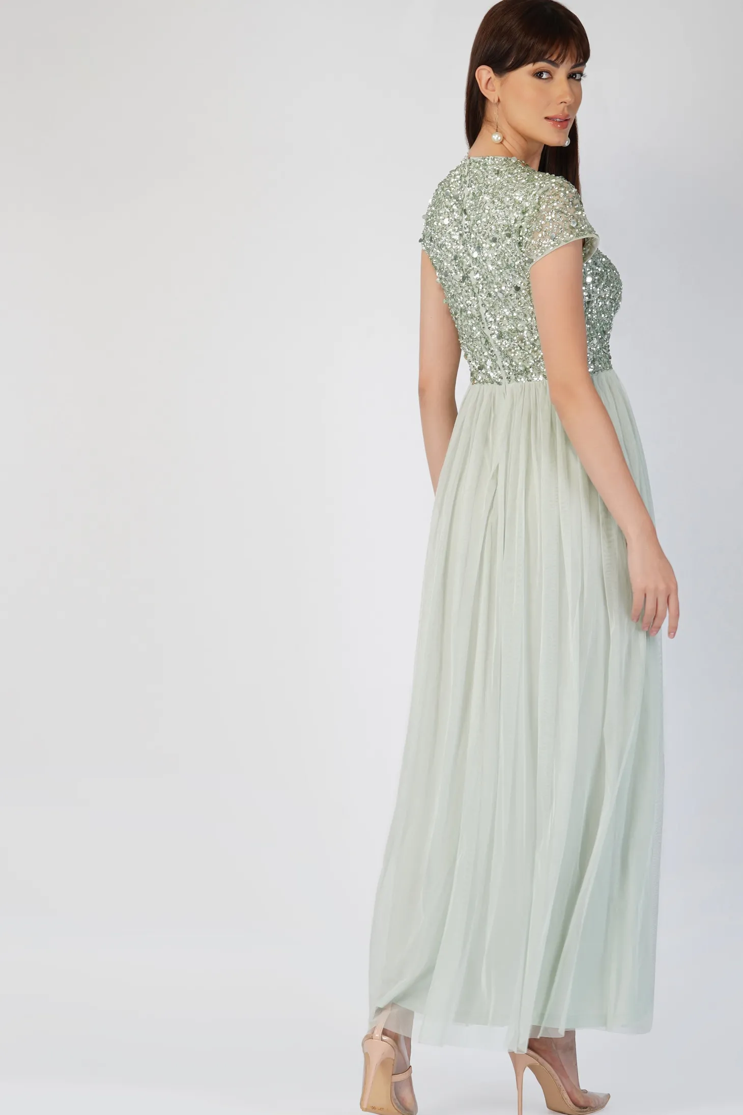 Picasso Short Sleeve Sage Green Embellished Dress