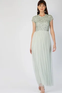 Picasso Short Sleeve Sage Green Embellished Dress