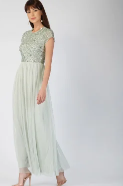 Picasso Short Sleeve Sage Green Embellished Dress