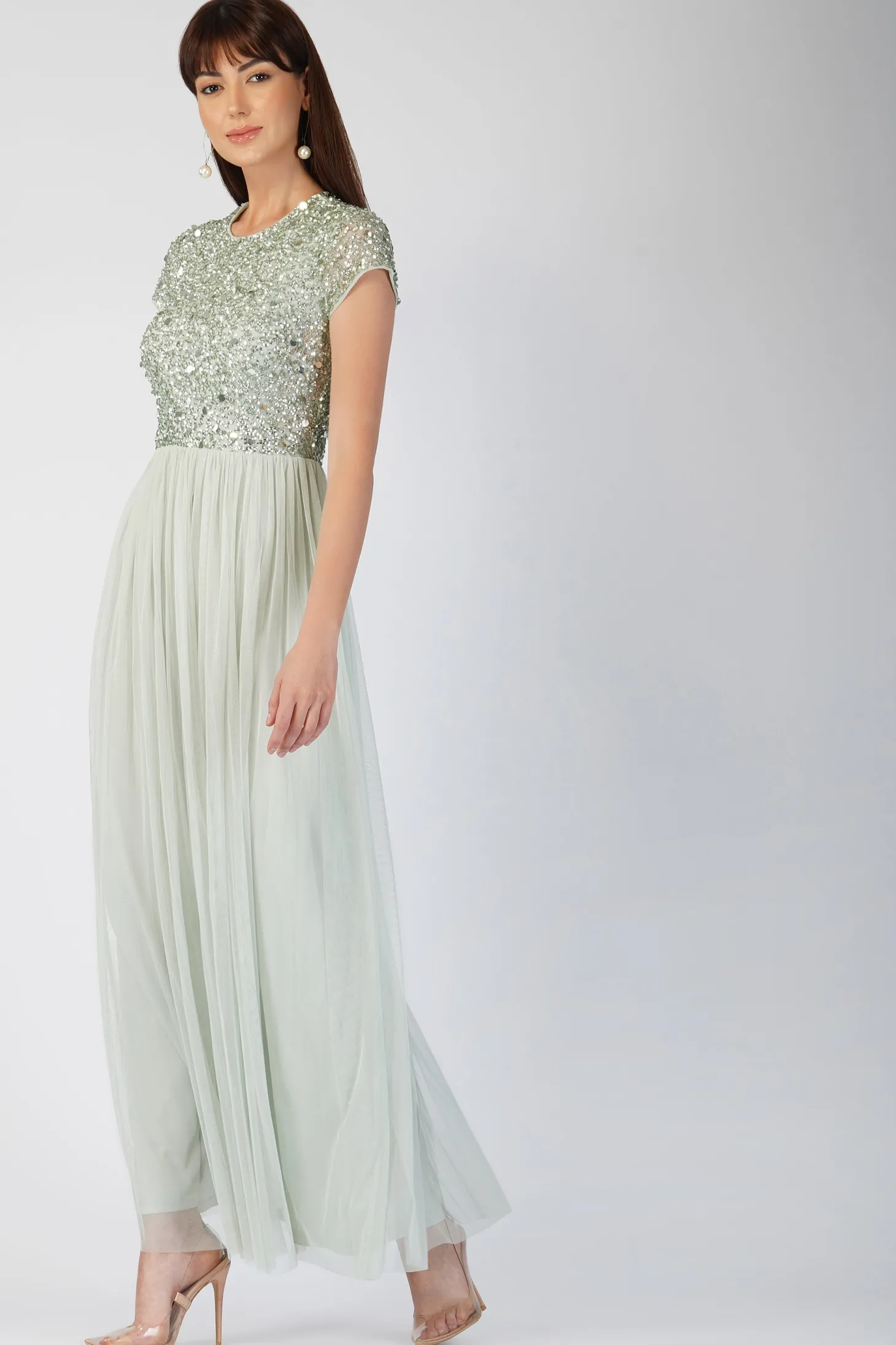 Picasso Short Sleeve Sage Green Embellished Dress