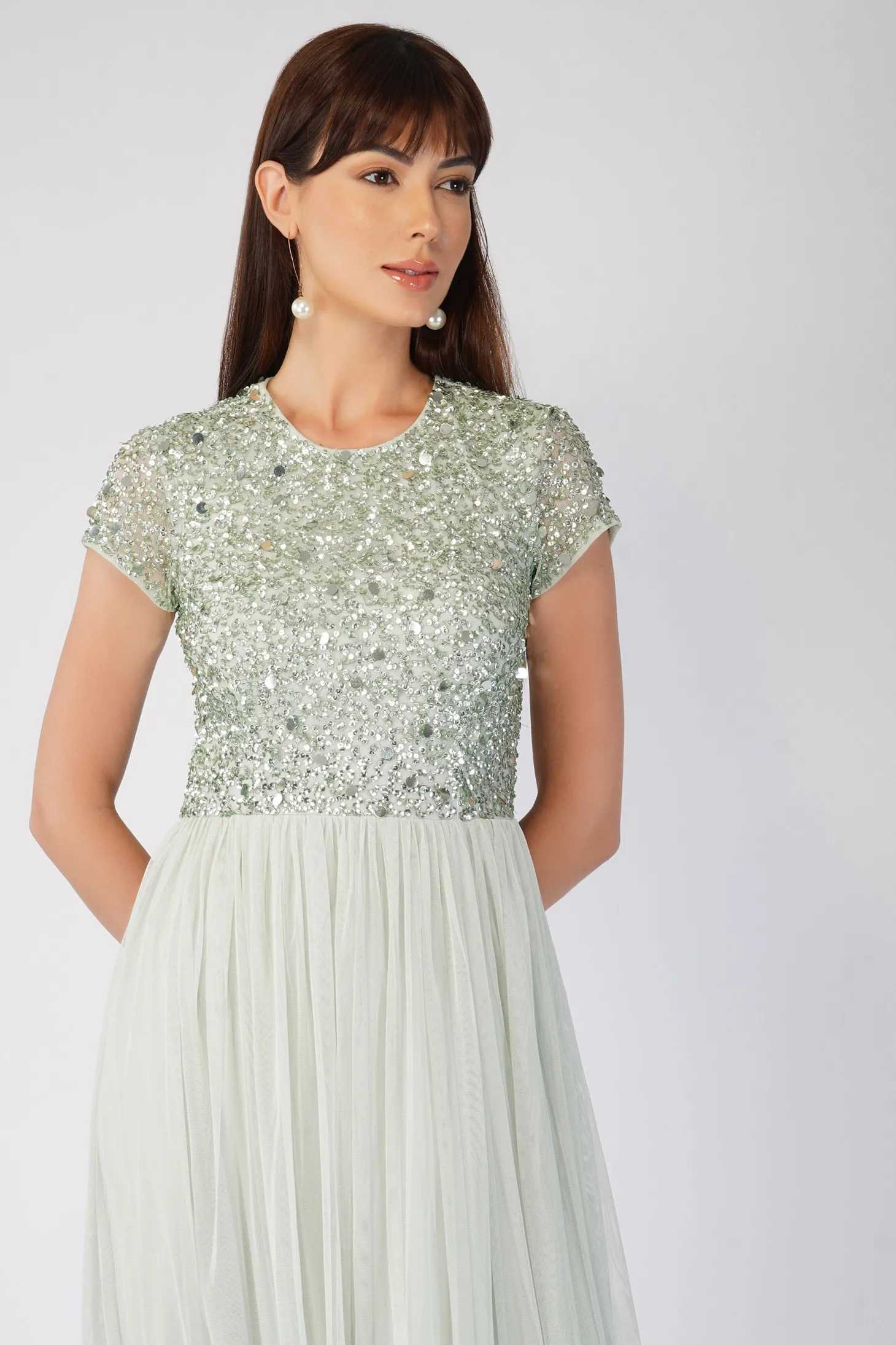 Picasso Short Sleeve Sage Green Embellished Dress